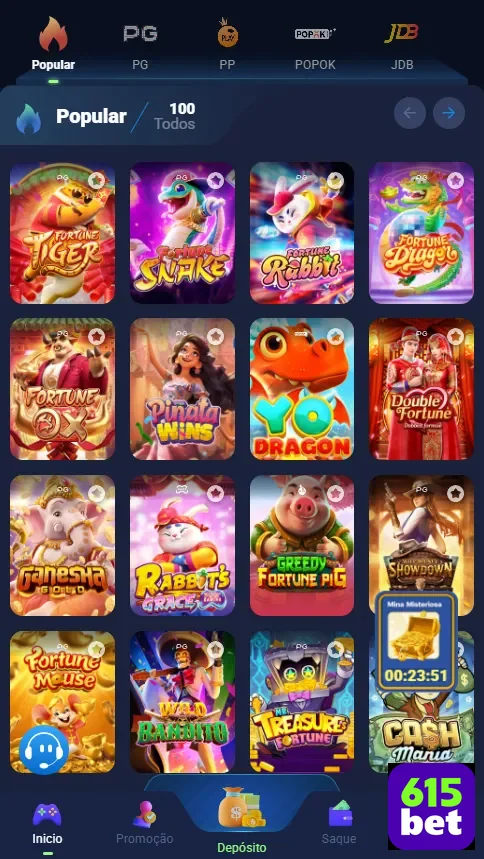 Interface do aplicativo de cassino mobile da 615bet;