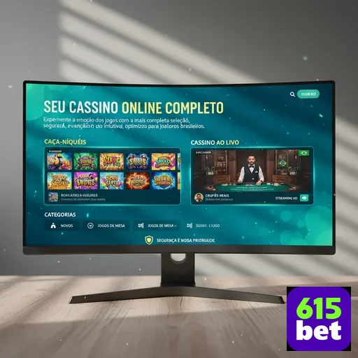 Plataforma 615bet mostrando slots e opções de saque rápido.