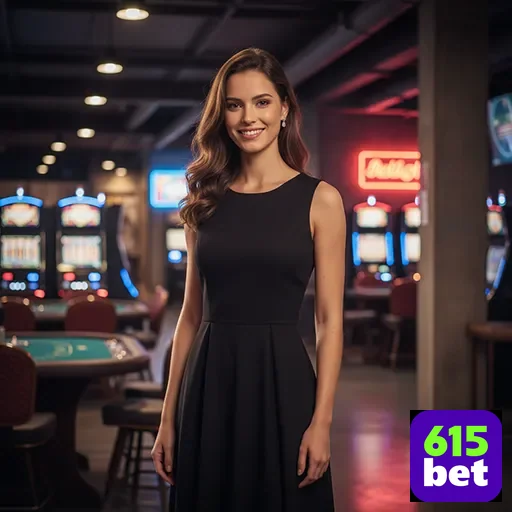 Mulher sorridente em ambiente de cassino 615bet, rodeada de máquinas.