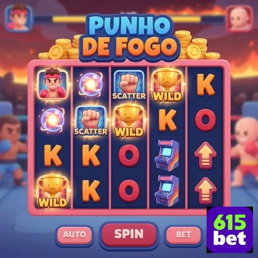 Tela do slot 'Punho de Fogo' da 615bet com símbolos de jackpot.