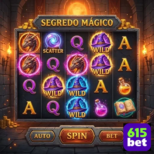 Tela do jogo Segredo Mágico na 615bet com símbolos e bônus.