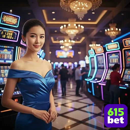 Atendente sorri em frente a máquinas de slots da 615bet.