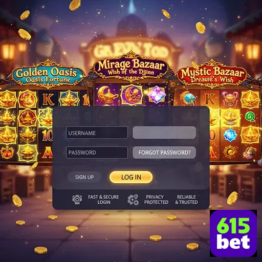 Tela de login do site 615bet com jogos VIP visíveis.