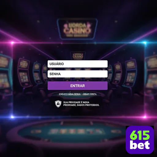 Tela de login do cassino VIP da 615bet em smartphone.