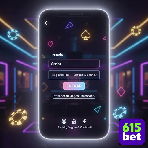 Tela de login da 615bet destacando saque prioritário.