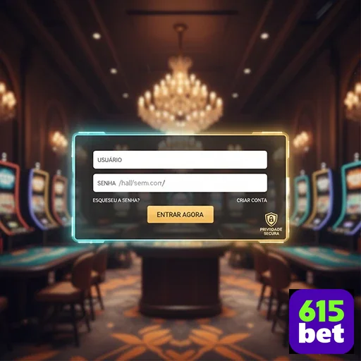 Tela de login do 615bet com máquinas de cassino ao fundo.