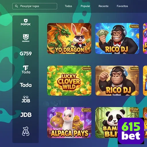 Interface da plataforma 615bet com jogos VIP destacados.